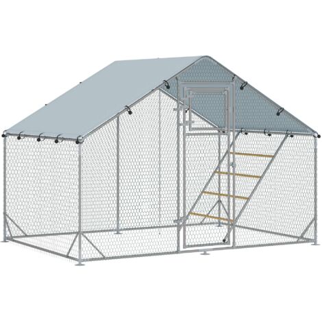 Enclos Extérieur pour Poules et Petits Animaux, 300x200x195 cm, Structure Acier avec Toit Imperméable et Perchoir, Argent