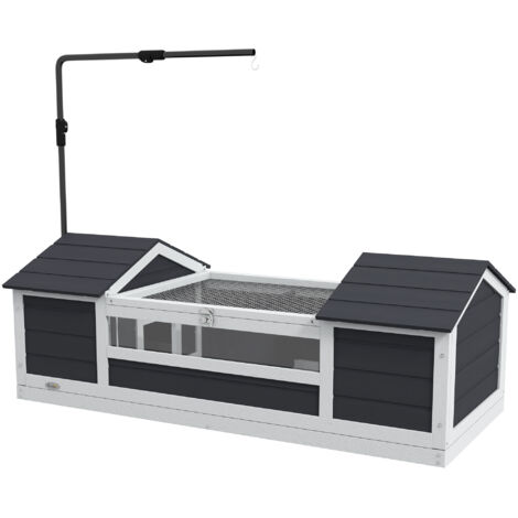 Enclos extérieur pour tortue terrestre en bois massif gris 120x56,5x43 cm avec 2 abris et support lampe réglable