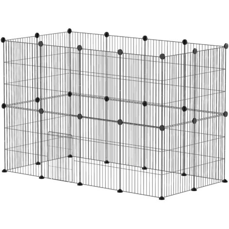 Enclos modulable 24 panneaux pour lapins, grillage métallique noir 120x60x80 cm
