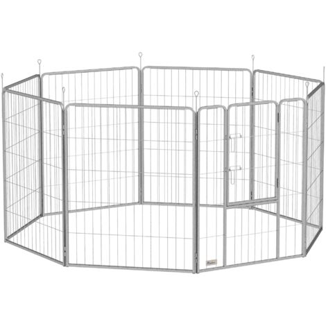 Enclos Modulable pour Chiots et Petits Animaux, 8 Panneaux, 100 cm, Porte et Sangle, Chiens Petits et Moyens, Acier, Argent