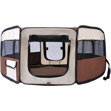 Enclos pliable octogonal 90x41cm pour chien chat rongeur, Oxford et acier marron beige
