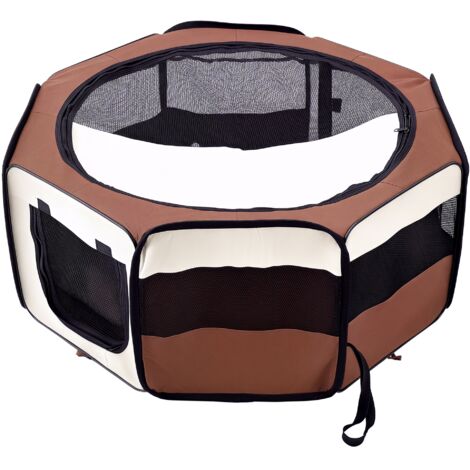 Enclos pliable octogonal pour chiens et chats, en acier et tissu Oxford, dimensions 90 x 41 cm, couleur marron-beige.