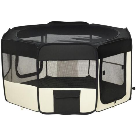 Enclos Pliable pour Chiots avec Couverture en Maille Respirante, Parc pour Animaux, Intérieur, Noir et Crème