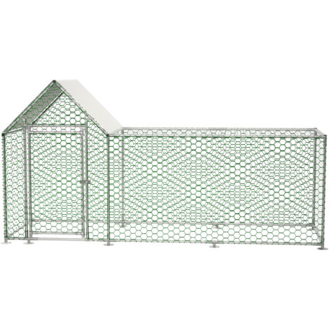 Enclos poulailler 303x107x152cm, clôture extérieure avec serrure de sécurité et bâche PE,Métal,Argent.