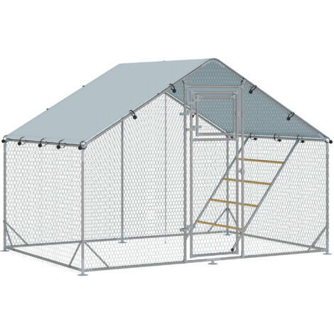 Enclos poulailler acier 300 x 200 x 195 cm couverture anti-UV,perchoir et alimentation intégrée pour 6 à 8 volailles argent.