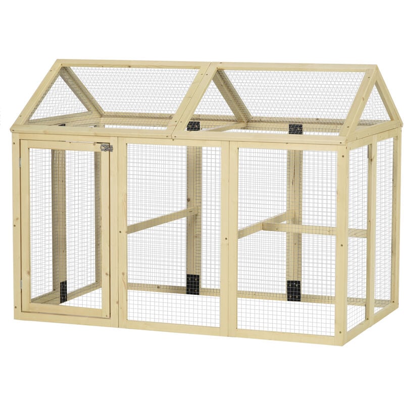 Enclos poulailler chenil 1,23 m² - parc grillagé dim 140L x 88,5l x 106H cm - 2 portes verrouillables - bois sapin