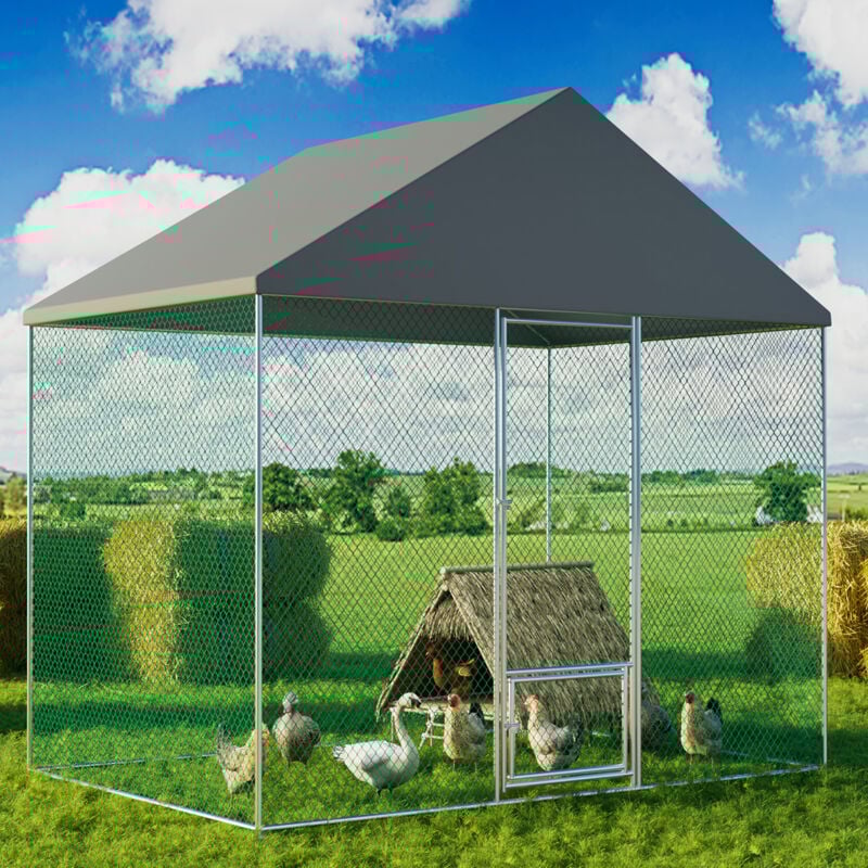 Enclos Poulailler - 6 m² 3×2×2.7 m Parc Nylon avec Bâche Grand Enclos Poules Extérieur Cadre en Acier Galvanisé