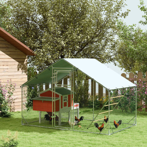 Enclos poulailler extérieur parc grillagé 6 m² avec perchoir et mangeoire acier galvanisé Ø25mm 300x200x195cm argent