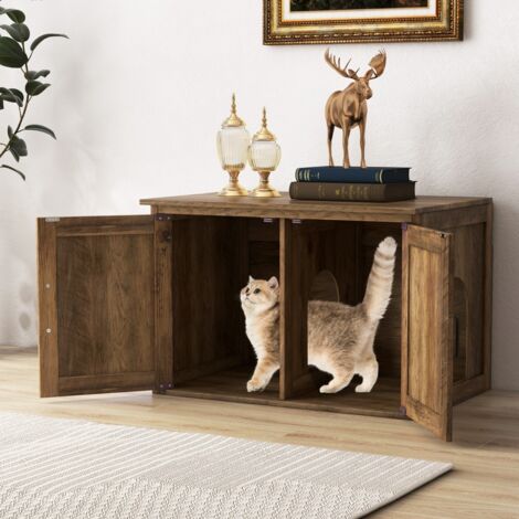 Enclos pour Bac à Litière de Chat Meuble de Toilette Caché avec Dessus Rabattable Portes Doubles Séparateur Amovible Entrée Centrale Chêne