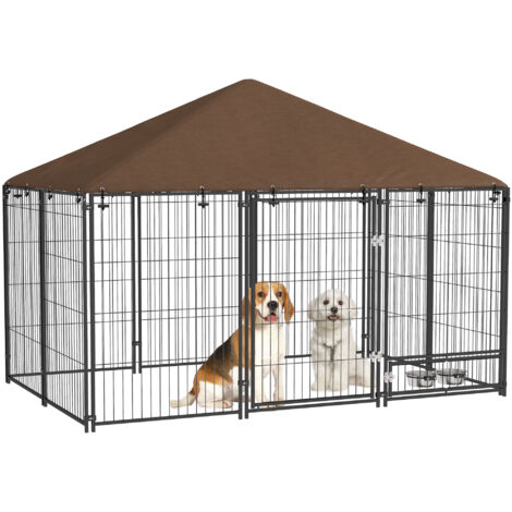 Enclos pour chien en métal et tissu Oxford avec porte pour gamelle, 211x141x151 cm, noir et marron