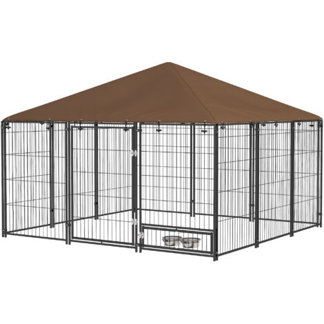 Enclos pour Chien en Métal et Tissu Oxford avec Porte pour Gamelles, 211x141x151 cm, Noir et Marron