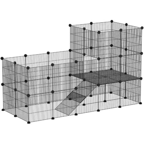 Enclos pour petits animaux, cage modulaire à lapins à 2 niveaux, 39 panneaux avec rampe, acier, 140 x 70 x 105 cm, noir