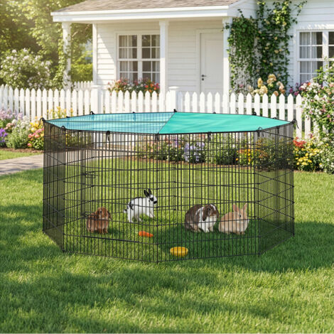 Enclos pour Petits Animaux, Parc Enclos, avec Toit, Respirant, Protection Solaire, pour Lapins, Cochons d’Inde, 8 Panneaux, 175 x 175 x 80 cm, Noir d'Encre