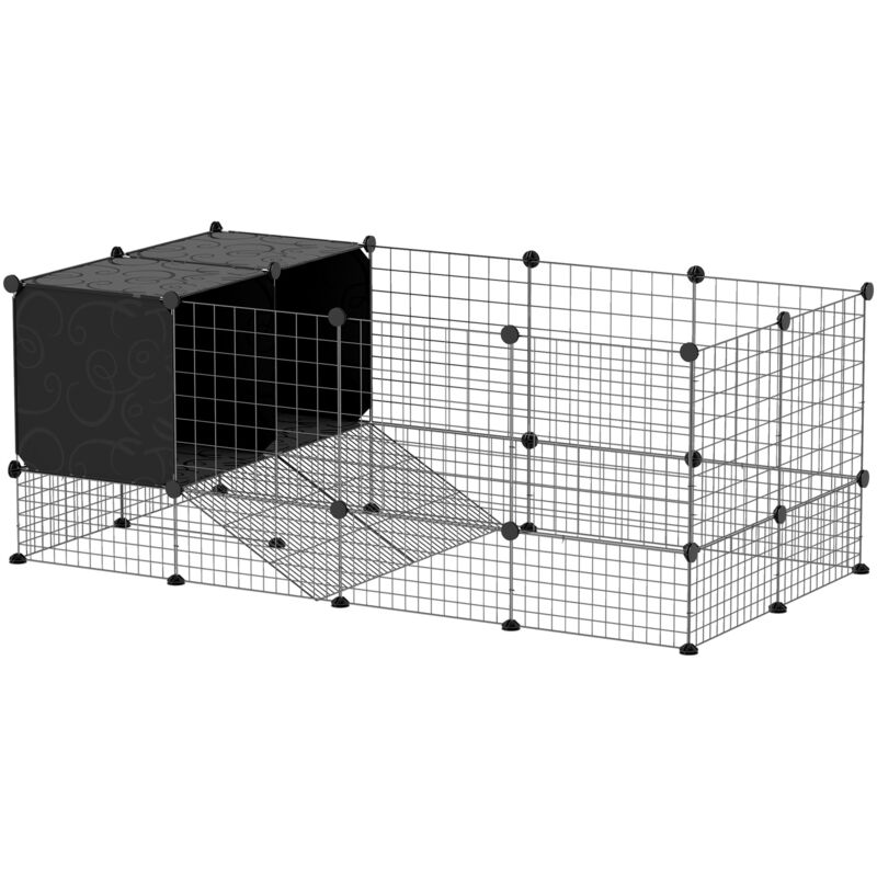 Enclos pour petits animaux - PawHut - modulable - 31 panneaux avec niches surélevées - en acier - 140x70x52cm - noir