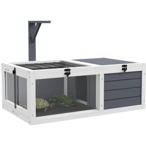 Enclos pour Tortue avec 2 Espaces, Couvercle et Fenêtre, Boîte Reptile en Bois avec Bacs, Gris