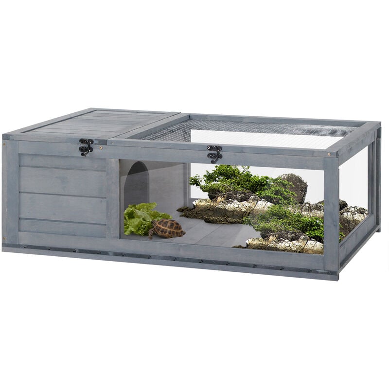 Pawhut - Enclos pour tortue - parc pour tortue - niche, enclos extérieur, toits ouvrants verrouillables - plexiglas métal sapin gris