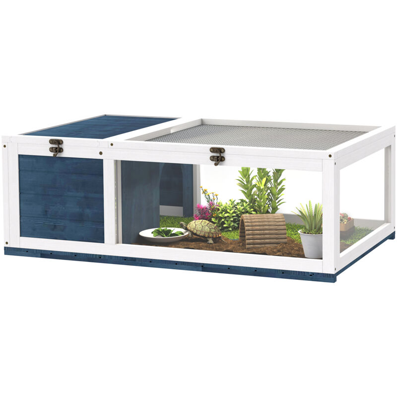 Maison pour tortues - PawHut - avec 2 espaces, loquets verrouillables - 91 x 60,5 x 32 cm - bois massif - bleu