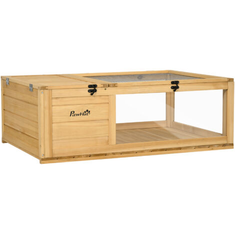 Enclos tortue bois massif 91x60,5x32cm jaune clair 2 espaces habitat petit animal