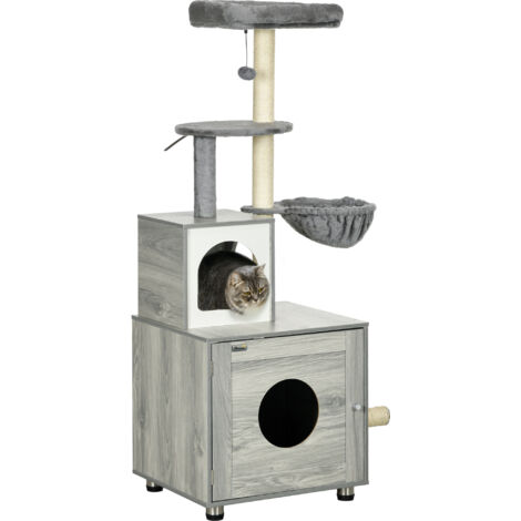 Enclosed Cat Litter Box with Cat House, Cat Bed, Scratching Posts, Platforms, for Indoor Cats - Grey
