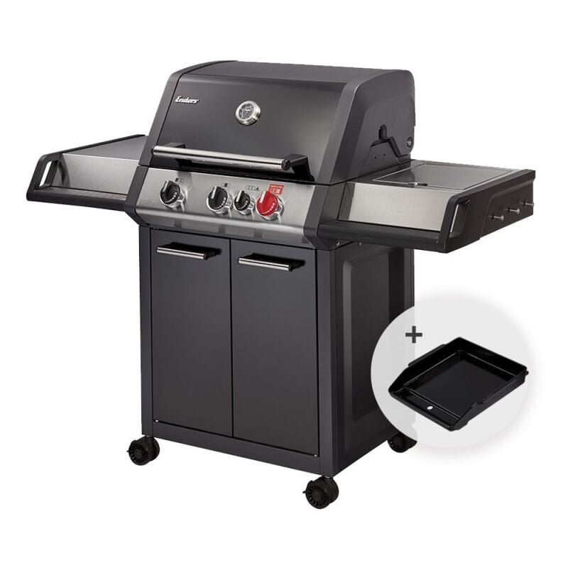 Enders - Barbecue Monroe Black Pro 3 k Turbo - 3 brûleurs dont 1 Turbo Zone - 1 brûleur latéral - Simple Clean, Switch Grid + Plaque plancha offerte