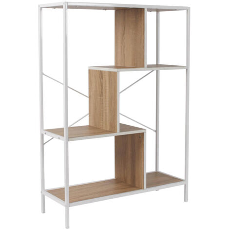 ENDIS - Etagère 4 Niveaux Aspect Bois et Métal Blanc