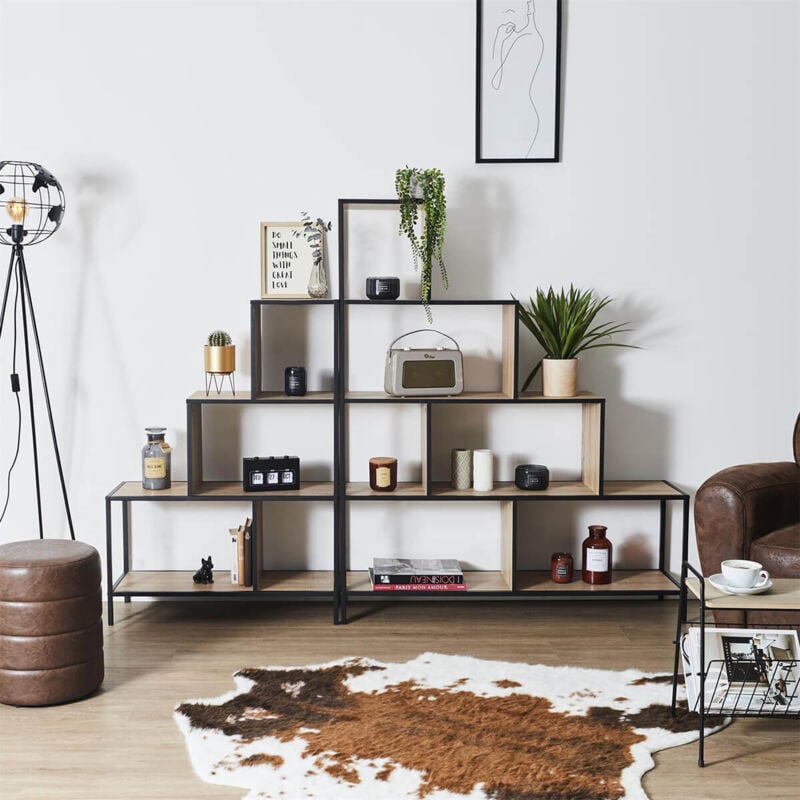 Endis - Lot de 2 Etagères Escalier 4 + 5 Niveaux Aspect Bois et Métal Noir