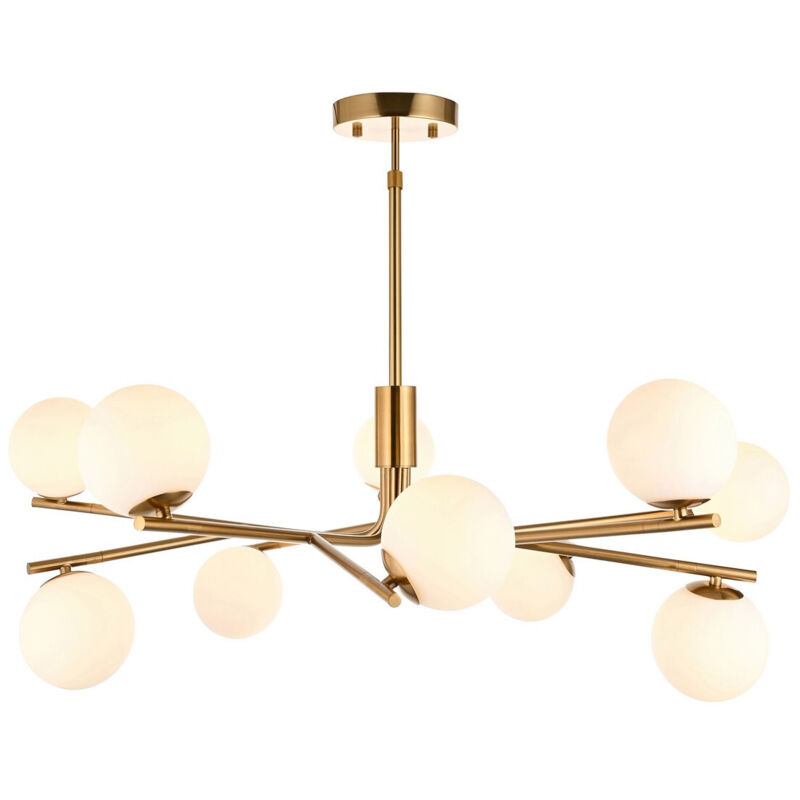 Endon Aaron Suspension multi-bras, plaque en laiton vieilli brossé et verre opale mat, 10 ampoules G9 Endon Aaron Suspension multi-bras, plaque en laiton vieilli brossé et verre opale mat, 10 ampoules G9