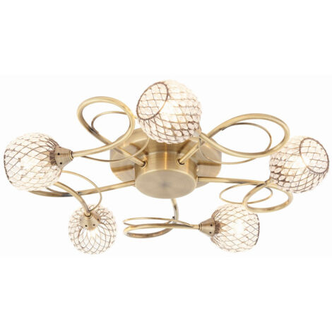 Endon Aherne - Laiton antique semi-affleurant à 5 ampoules avec fil de laiton antique, abat-jour en perles, G9