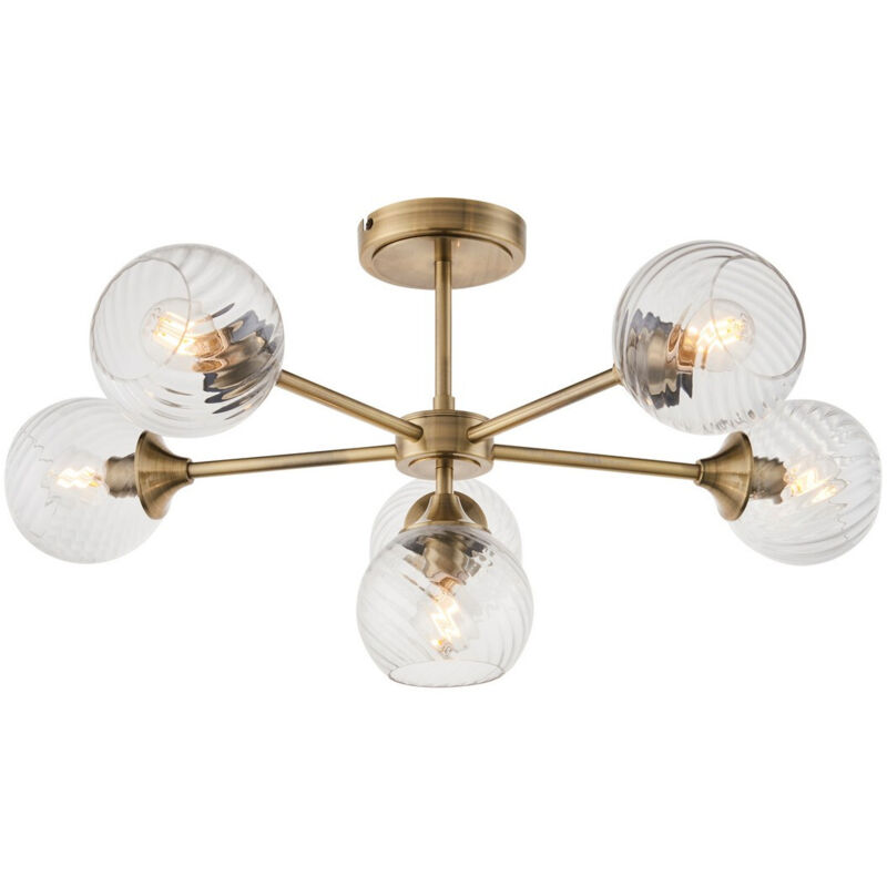 Endon Allegra Plafonnier semi-affleurant à 6 bras multiples avec abat-jour en verre et laiton antique Endon Allegra Plafonnier semi-affleurant à 6 bras multiples avec abat-jour en verre et laiton antique