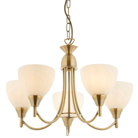 Endon Alton - Sospensione a soffitto a 5 luci multibraccio in ottone antico, vetro opalino, E14