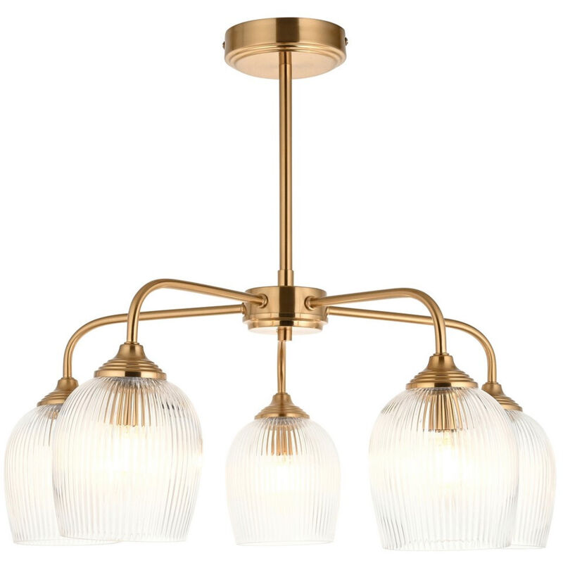 Endon Ashcroft Suspension multi-bras côtelée, plaque en laiton vieilli brossé et verre strié transparent, 5 ampoules E14 Endon Ashcroft Suspension multi-bras côtelée, plaque en laiton vieilli brossé et verre strié transparent, 5 ampoules E14