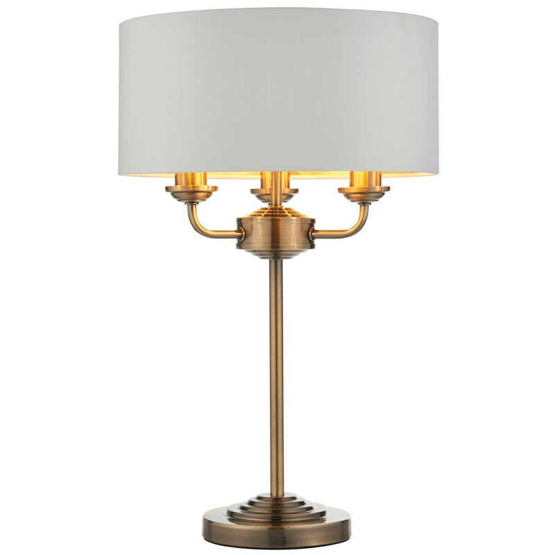 Highclere Base & Shade Table Lamp, Antique Brass Plate, Vintage White Fabric - Endon