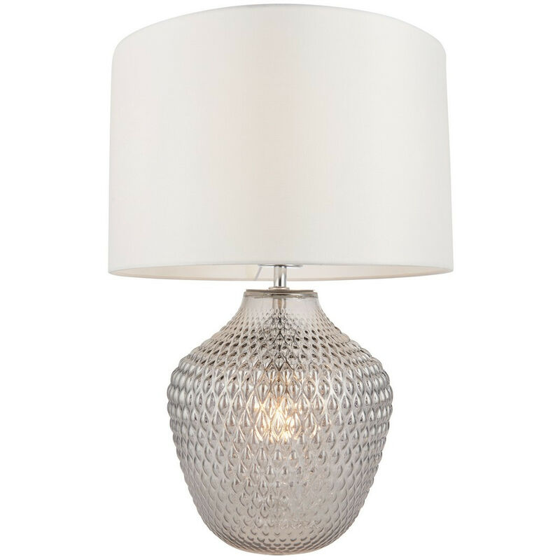 

Endon Chelworth Lámpara de mesa de luz doble clásica moderna con base de vidrio acanalado teñido gris Pantalla de tela blanca