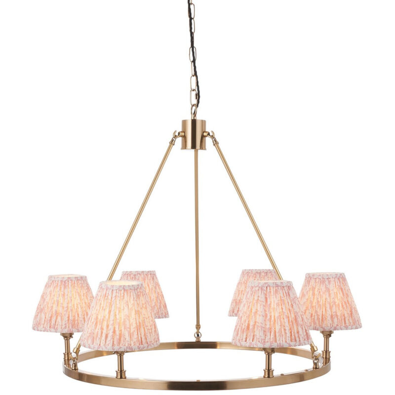 Endon Chester Suspension en laiton vieilli brossé avec abat-jour en tissu feuille couleur pêche 16 cm 6 x B22 Endon Chester Suspension en laiton vieilli brossé avec abat-jour en tissu feuille couleur pêche 16 cm 6 x B22