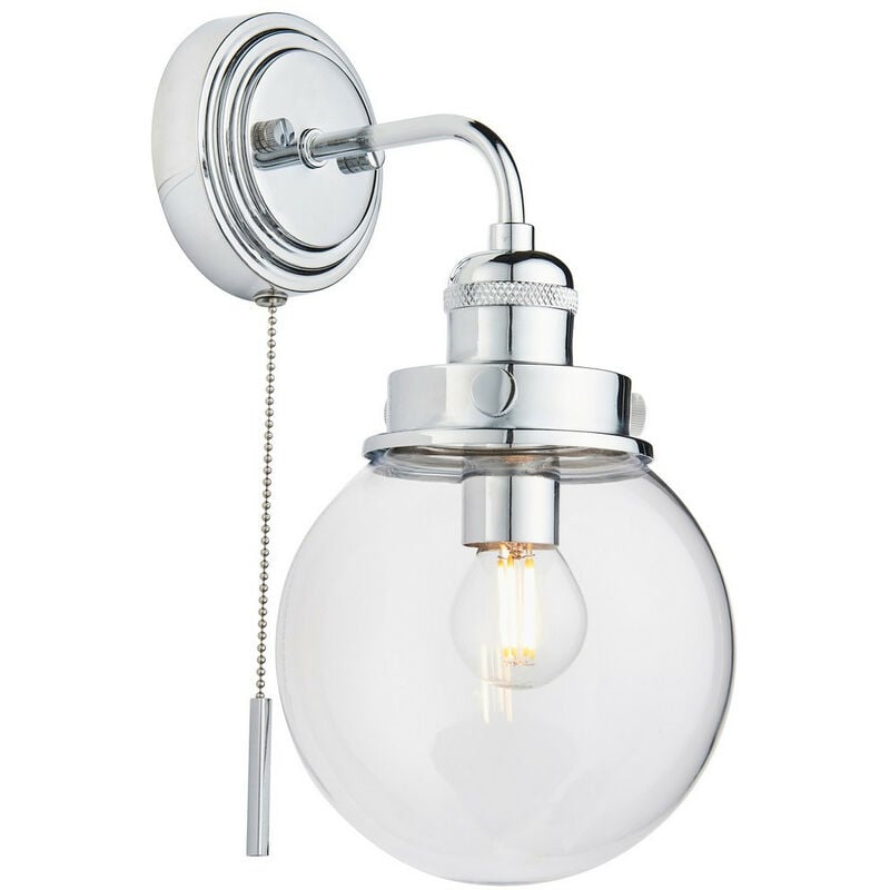 Cheswick Globe Bathroom Wall Light with Pull Cord, Clear Glass Shade, IP44 - Endon