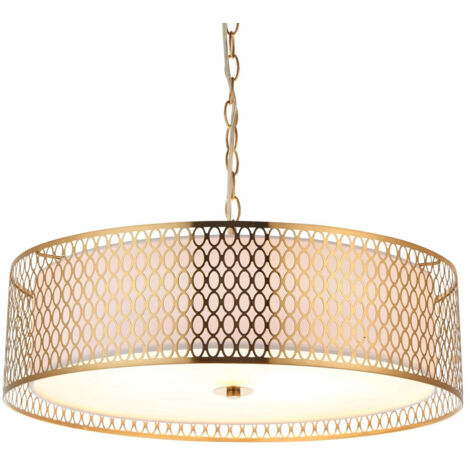 Endon Cordero Lampadario a Sospensione Singola, Lastra Effetto Oro, Tessuto Bianco, Vetro Satinato