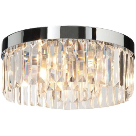 Endon Crystal - Plafonnier affleurant de salle de bains à 5 ampoules au chrome, cristal clair (K9) Détail du verre IP44, G9