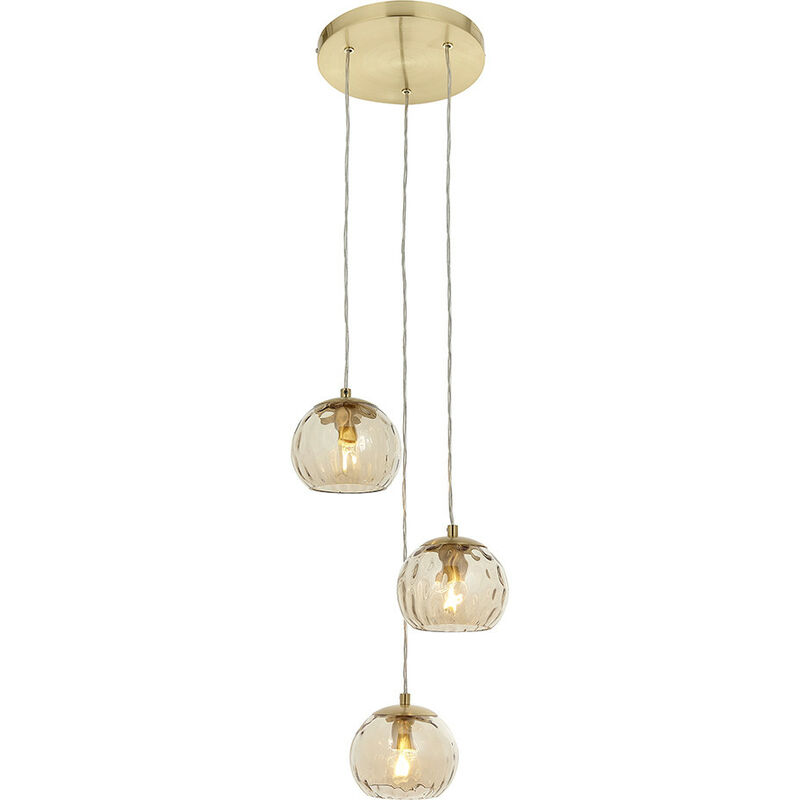 Endon Dimple Modern Cluster 3 Light Pendant Brushed Brass, Champagne Glass Shade