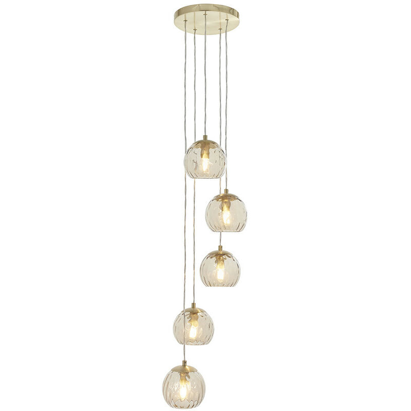 Endon Lighting - Endon Dimple Modern Cluster 5 Light Pendant Brushed Brass, Champagne Glass Shade