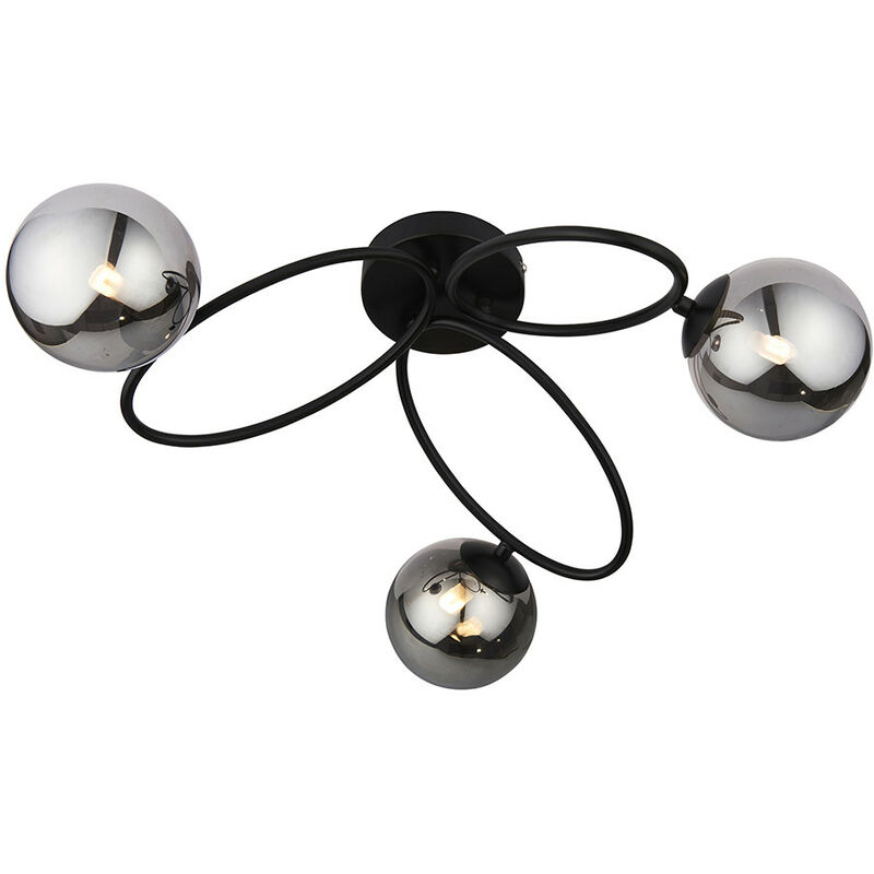 Endon Ellipse Semi Flush 3 Light Globe Lamp Satin Black, Smoked Mirrored Glass