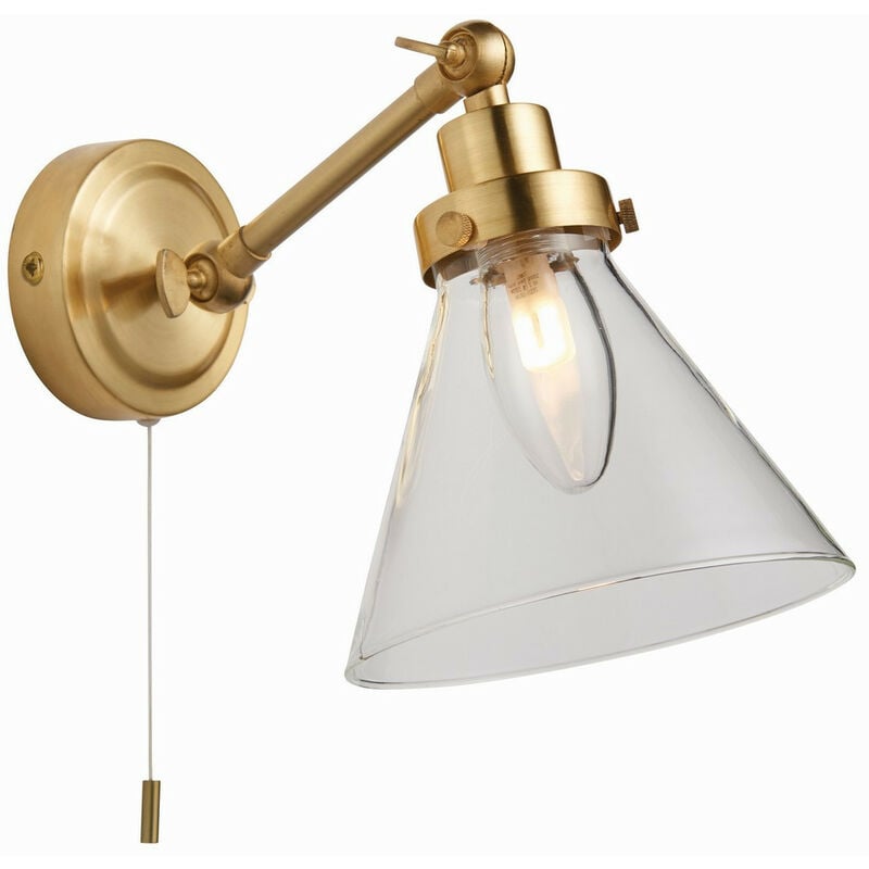 Endon Lighting - Endon Faraday Bathroom Adjustable Dome Wall Light with Pull Cord Satin Brass Glass Shade