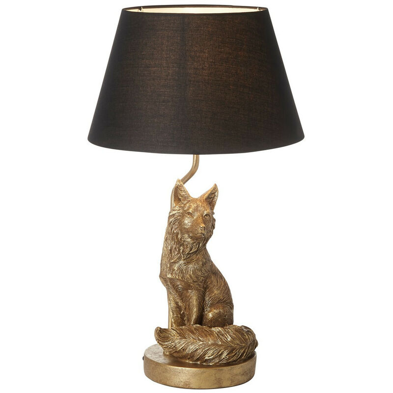 Image of Fox Lampada da tavolo con base e paralume, vernice dorata vintage e tessuto nero - Endon