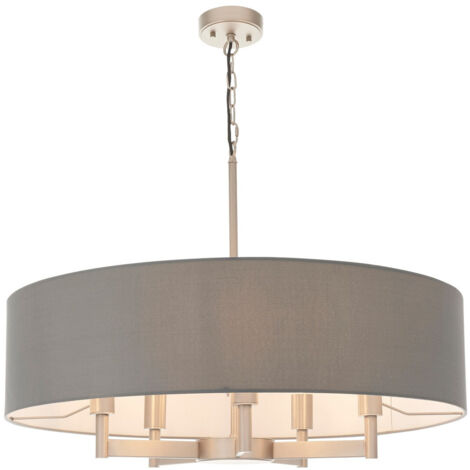 Endon Grande Plafonnier à suspension cylindrique en nickel mat, tissu gris, 5 ampoules E27