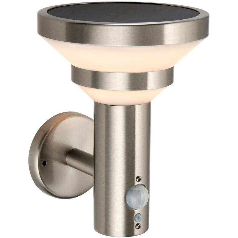 

Endon Halton Lámpara de pared LED regulable con energía solar moderna de acero inoxidable cepillado, sensores PIR de movimiento y día y noche, blanco