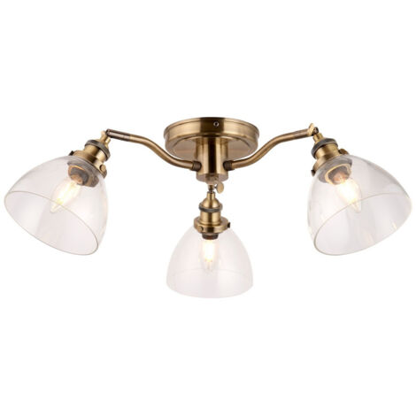 Endon Hansen Plafonnier semi-affleurant en verre à plusieurs bras, plaque en laiton antique, verre