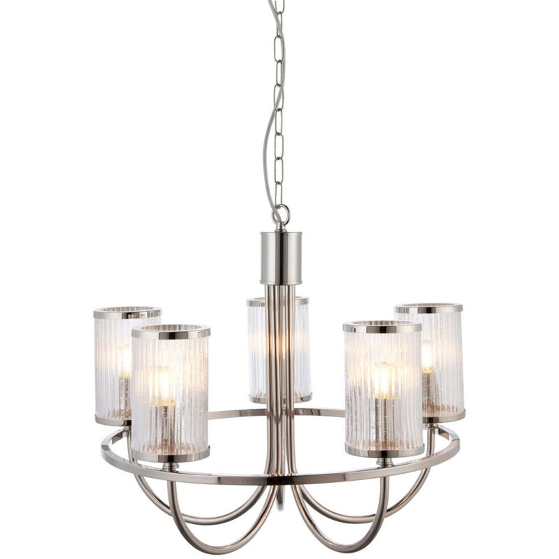 Henbury Plafonnier suspendu à plusieurs bras, plaque en nickel brillant, verre à bulles nervuré, 5 x E14 - Endon Henbury Plafonnier suspendu à plusieurs bras, plaque en nickel brillant, verre à bulles nervuré, 5 x E14 - Endon