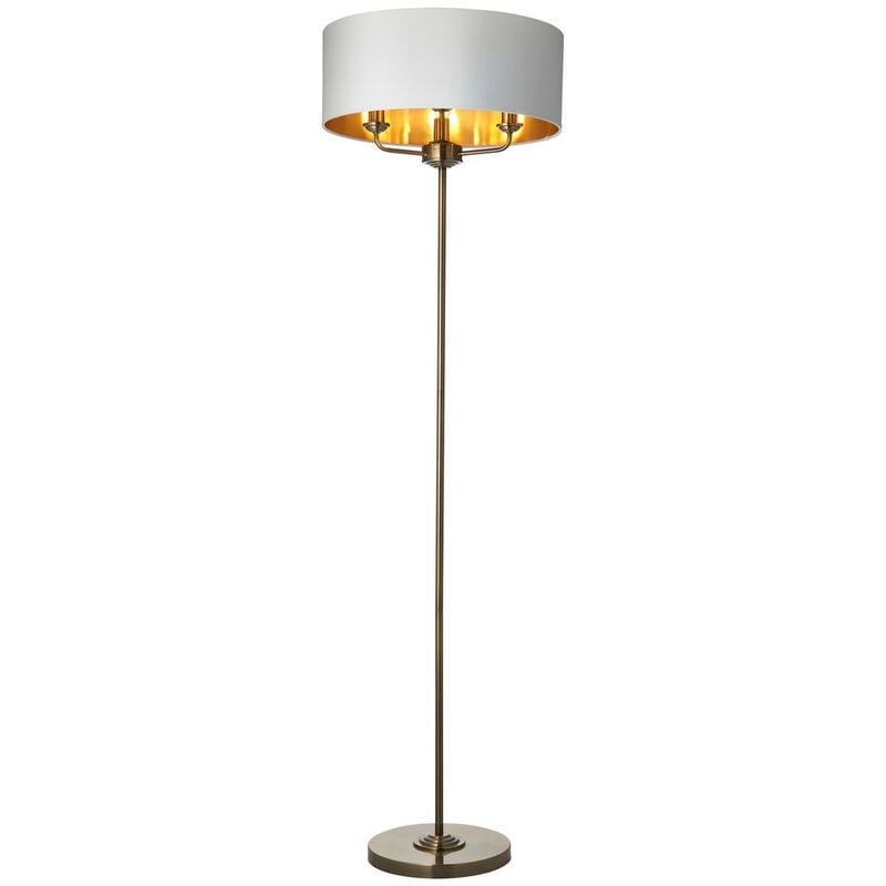 Highclere Base & Shade Floor Lamp, Antique Brass Plate, Vintage White Fabric - Endon