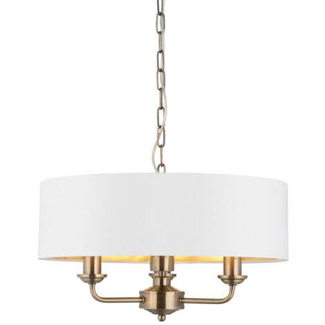 Endon Highclere Lampada da soffitto a sospensione con paralume singolo, piastra in ottone anticato, tessuto bianco vintage