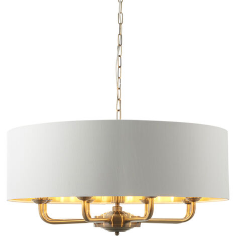 Endon Highclere Lampada da soffitto a sospensione con paralume singolo, piastra in ottone anticato, tessuto bianco vintage