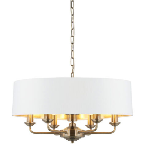 Endon Highclere Plafonnier suspendu à un seul abat-jour, plaque en laiton antique, tissu blanc vintage